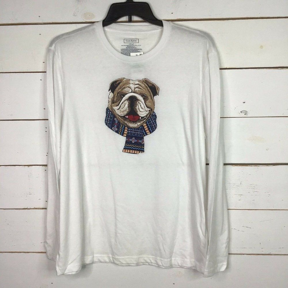 New Club Room Bulldog Winter Scarf Christmas Holiday Shirt White Men's XL